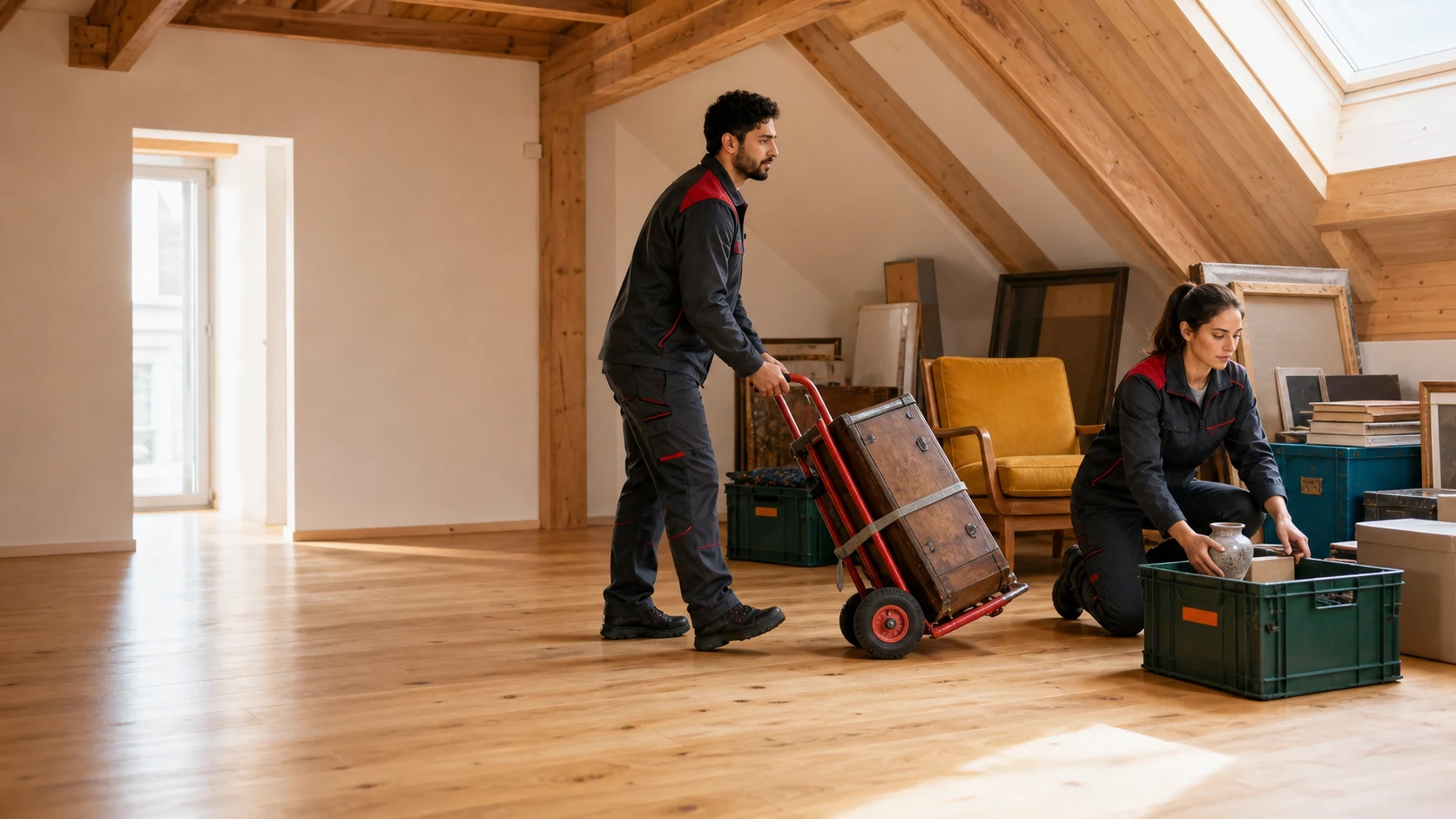 Professionelle Räumung durch zwei Mitarbeitende in einem hellen Dachraum