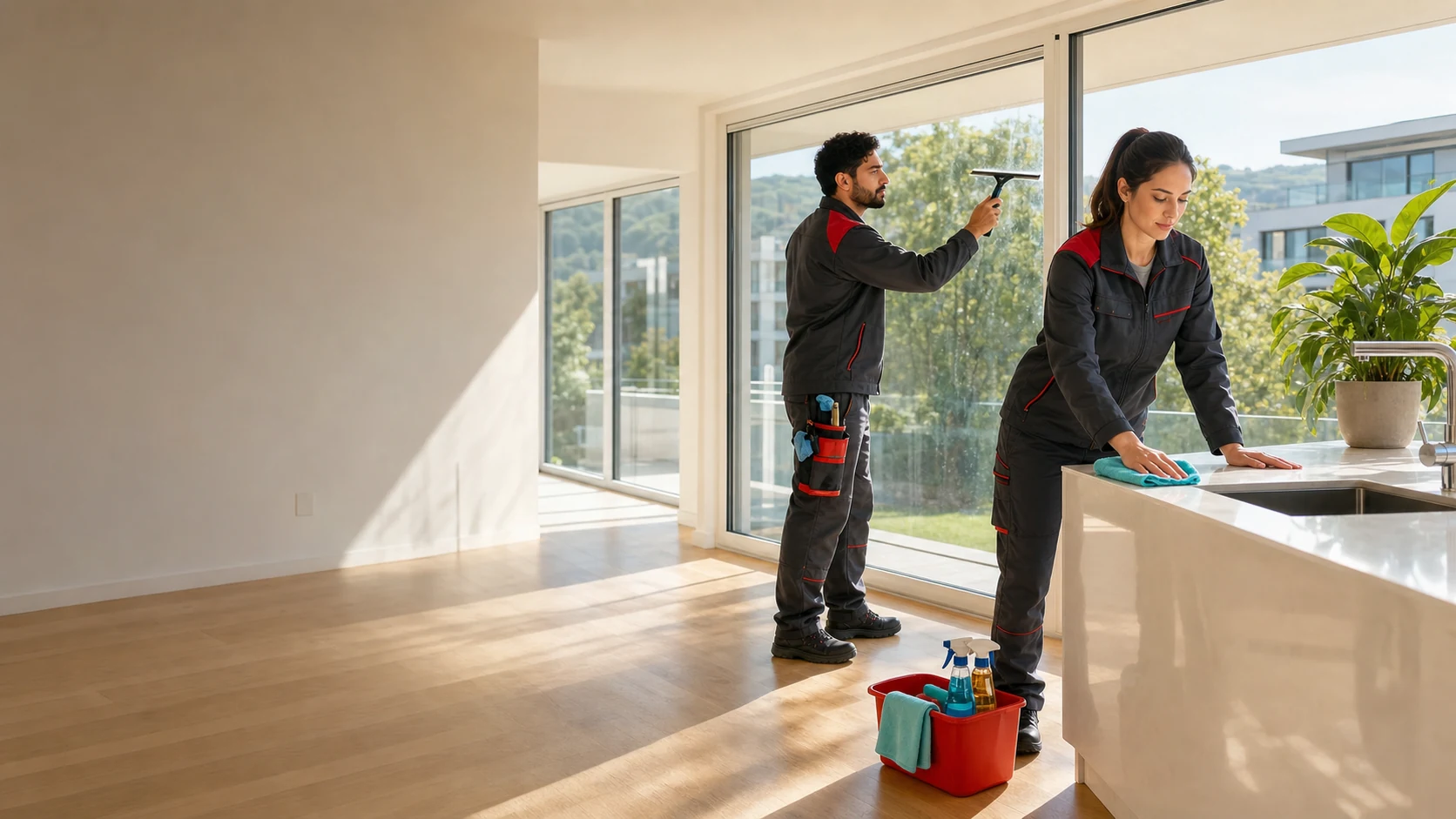 Professionelle Reinigung durch zwei Mitarbeitende in einer hellen Wohnung